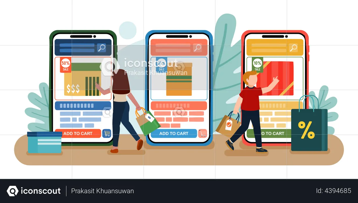 People compares multiple e-commerce platform products while online shopping  Illustration