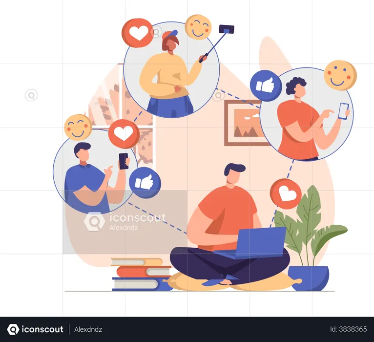 People connected over widespread social media network  Illustration