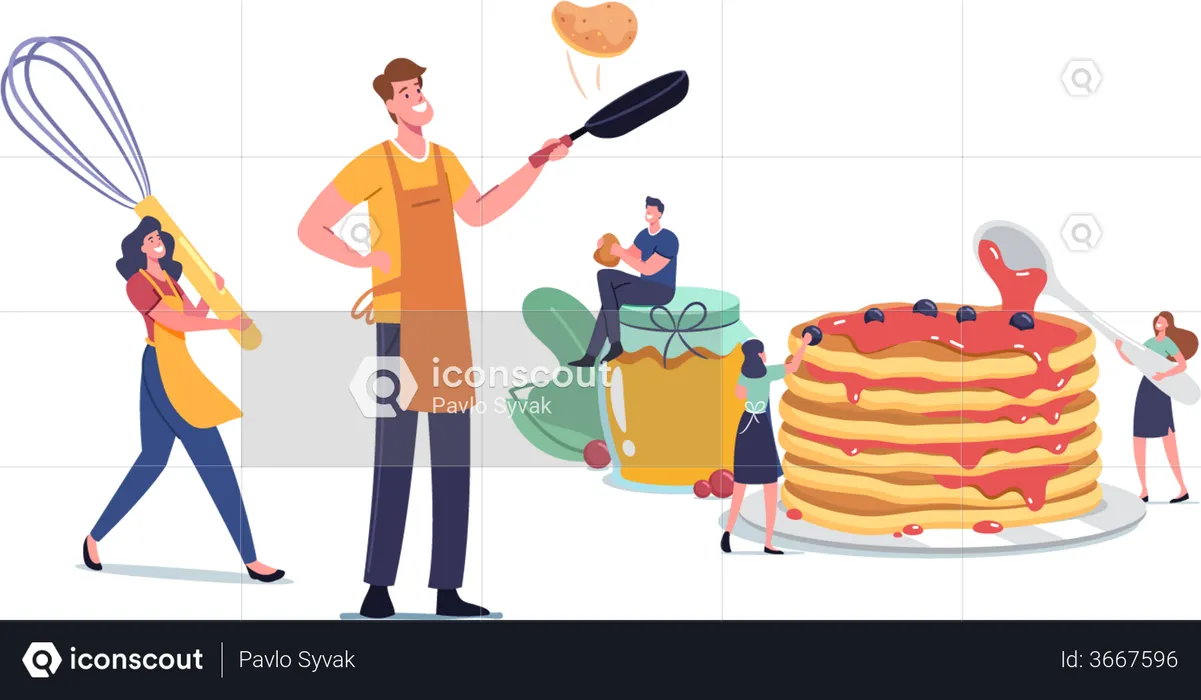 People Cooking and Eating Homemade Pancakes  Illustration