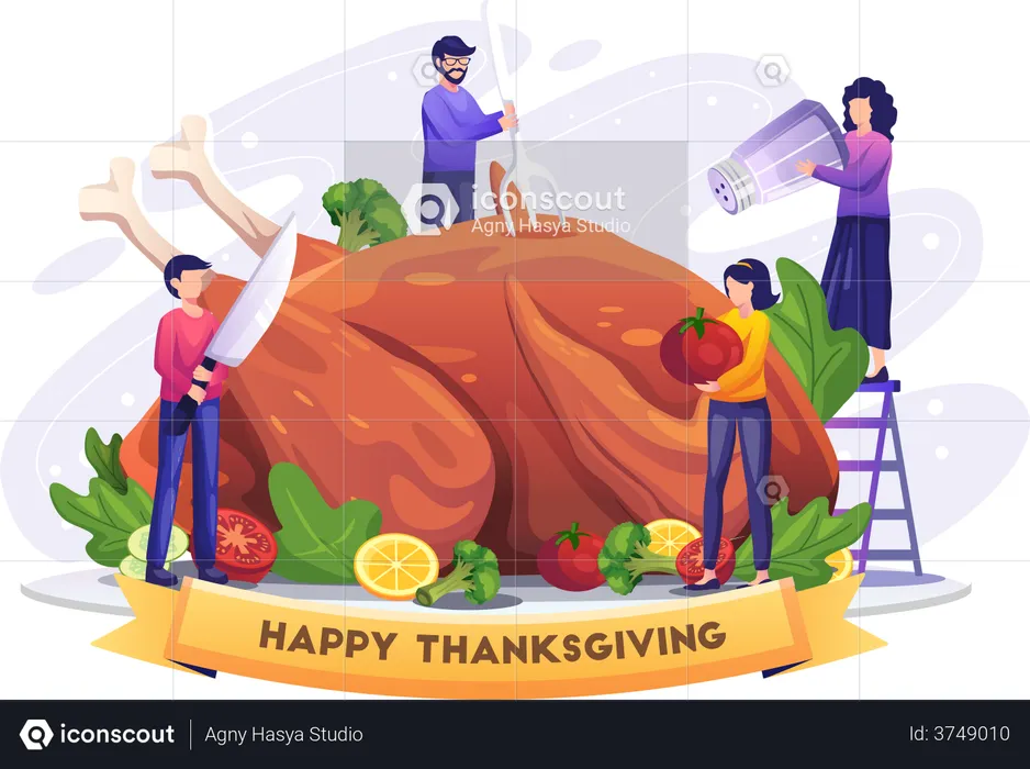 People cooking and enjoying turkey on thanksgiving  Illustration