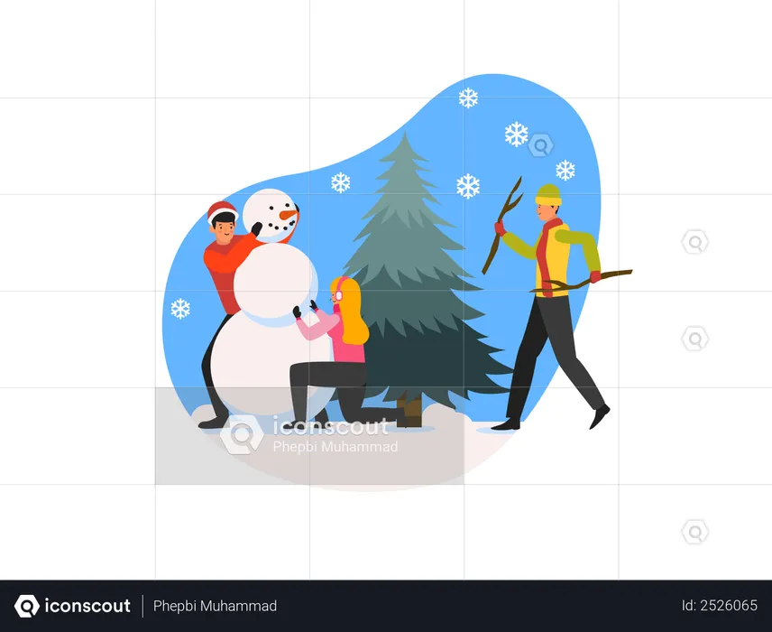 People creating snowman  Illustration