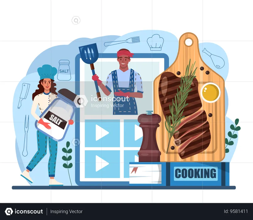 People cutting online beef and cooking  Illustration