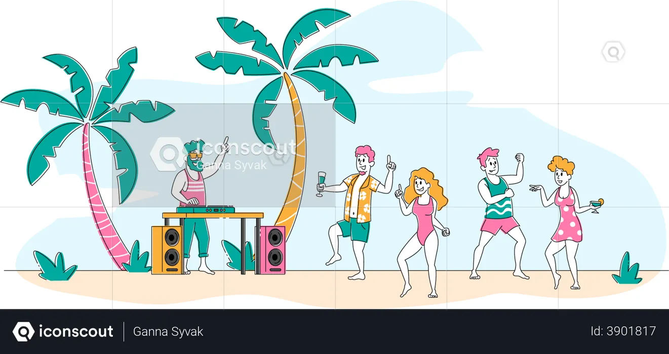People dancing at a tropical beach party  Illustration