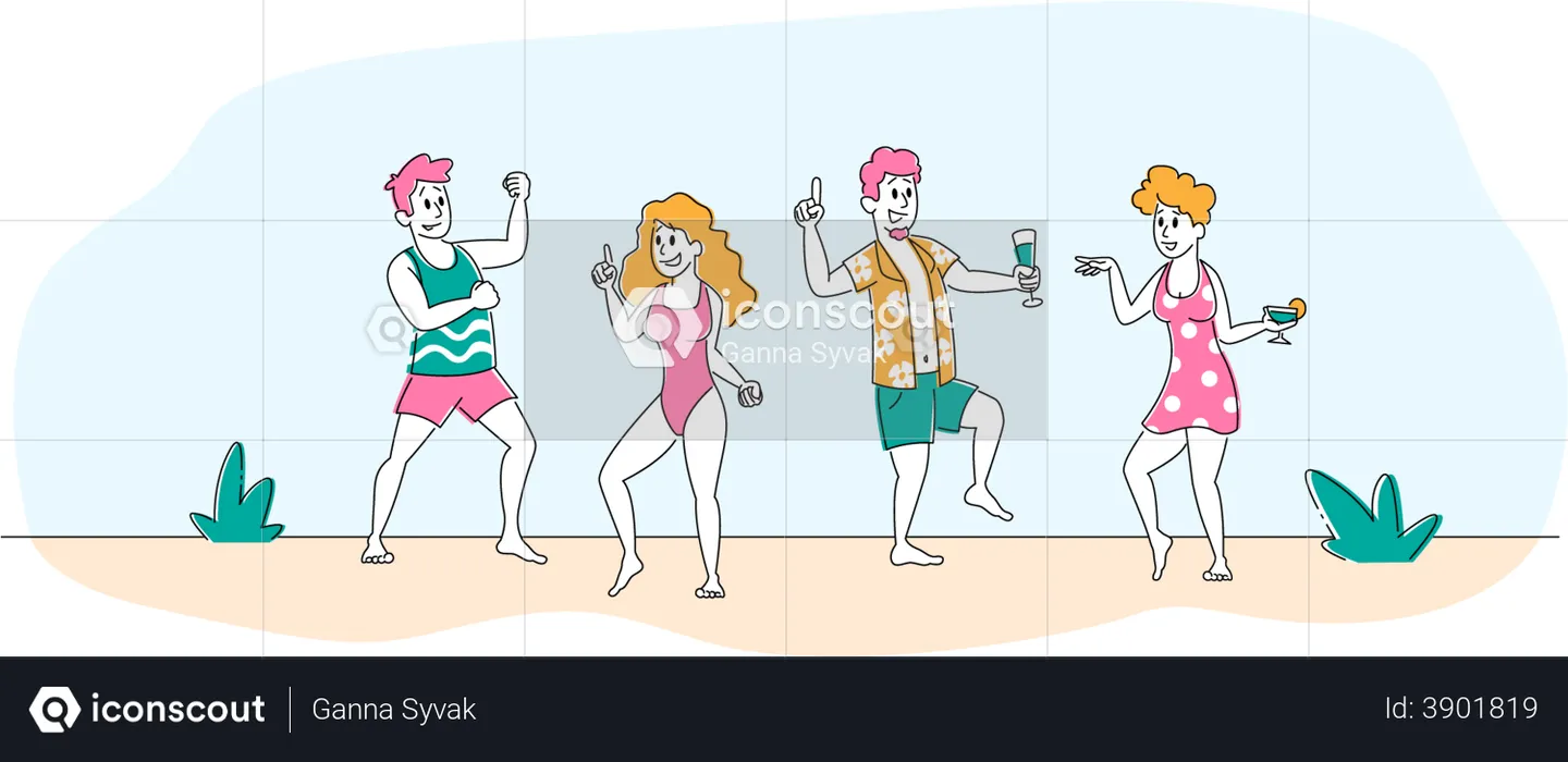 People dancing on beach  Illustration