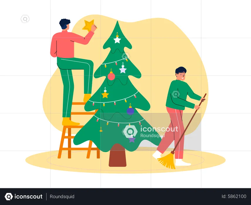 People decorate christmas tree  Illustration