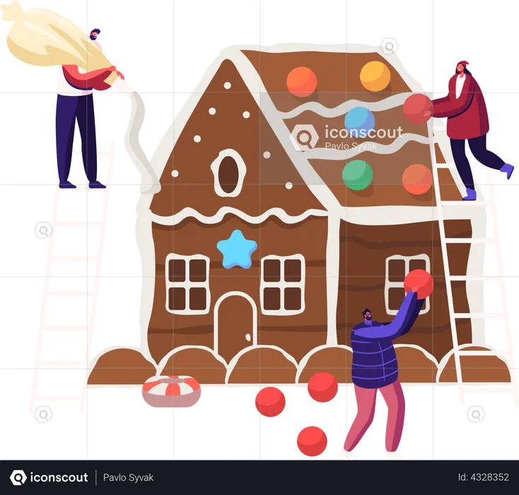People decorating Christmas gingerbread house  Illustration