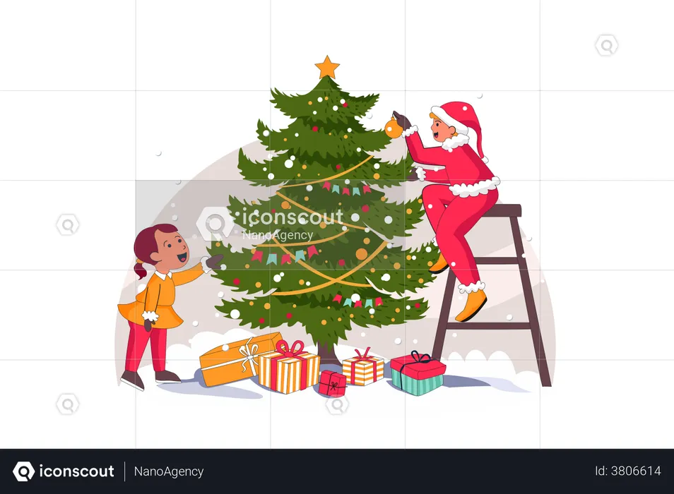 People decorating Christmas tree  Illustration
