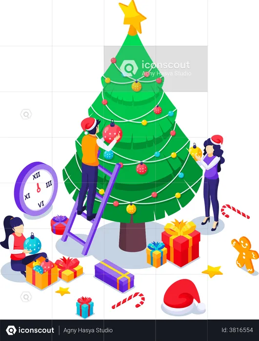 People decorating Christmas tree  Illustration