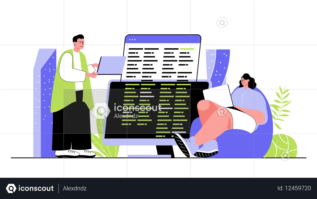 People developers creating code developing programs and software testing applications on screens  Illustration