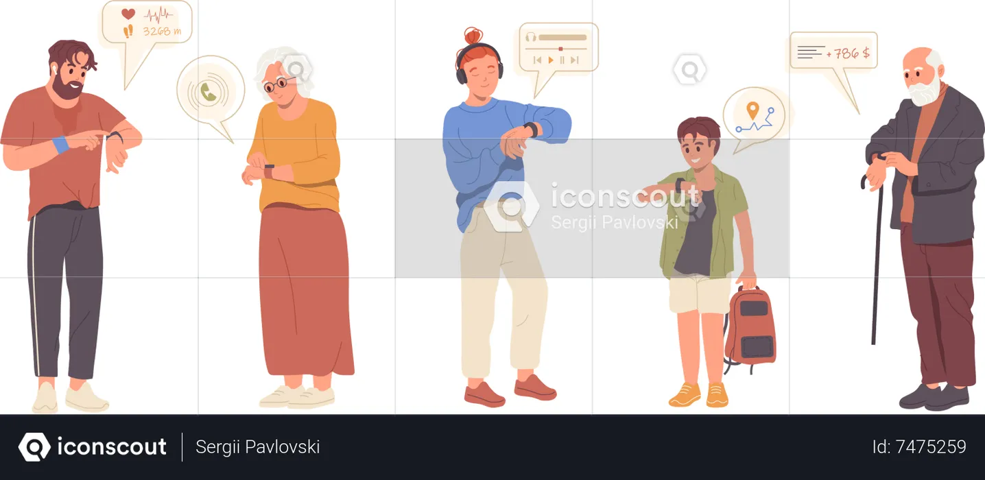 People different age using smartwatch gadget for various purpose  Illustration