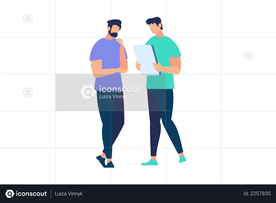 People discussing holding laptop  Illustration