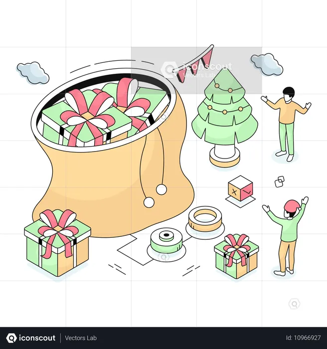 クリスマスバッグからプレゼントを発送する人々  イラスト