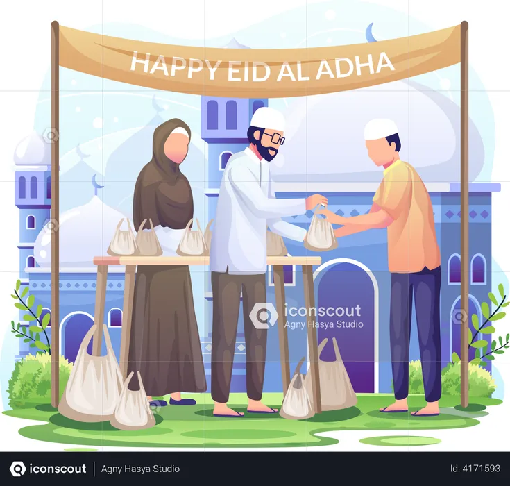 People distribute sacrificial meat on Eid al Adha  Illustration