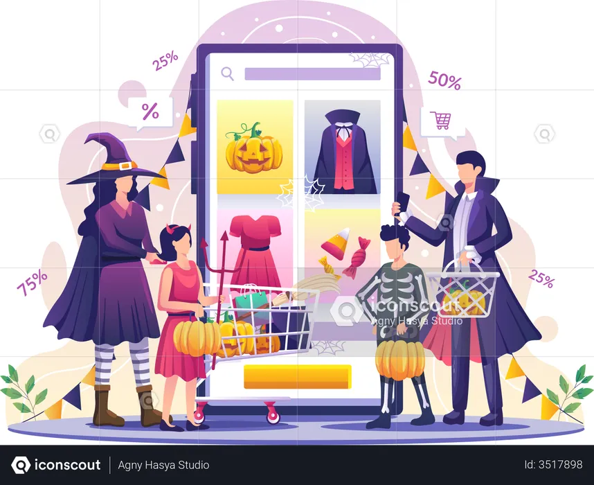 People doing Halloween shopping  Illustration