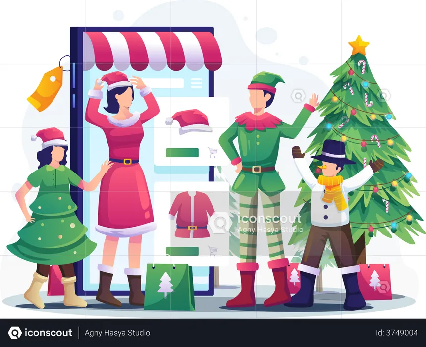 People doing online shopping of Christmas outfits  Illustration