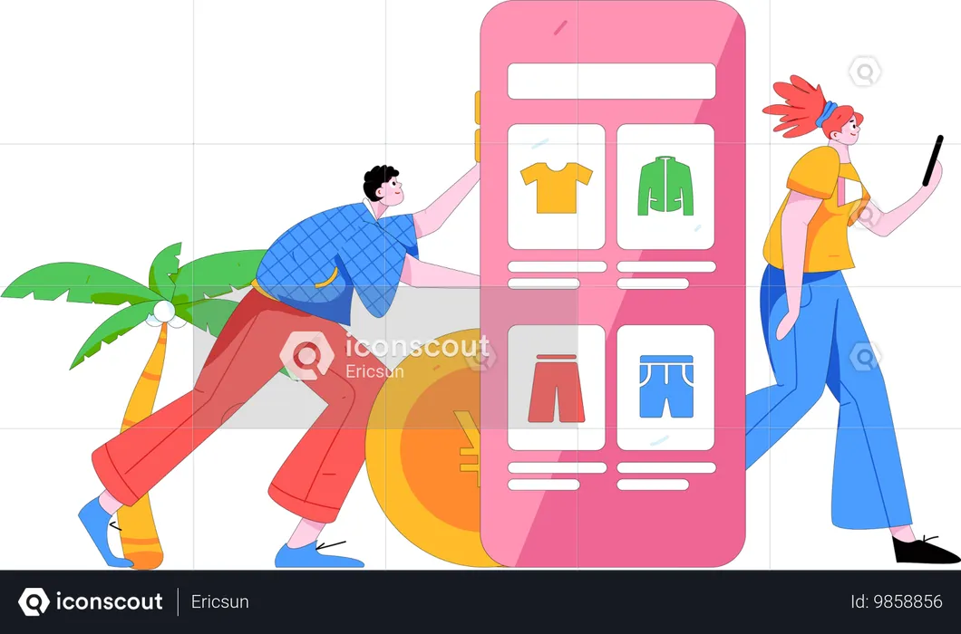 People Doing Online Shopping on Mobile  Illustration