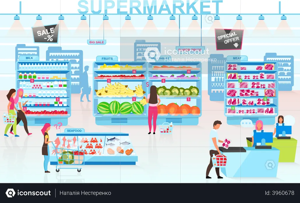 People doing shopping  at supermarket  Illustration