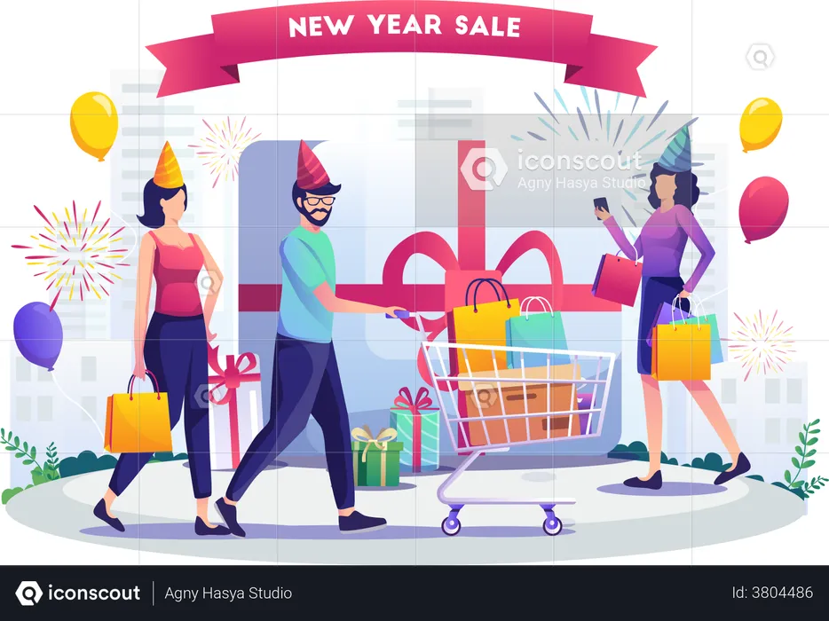 People doing shopping for New Year  Illustration