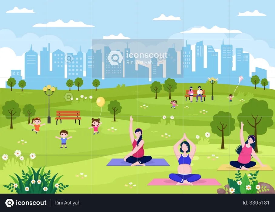 People doing yoga in City Park  Illustration