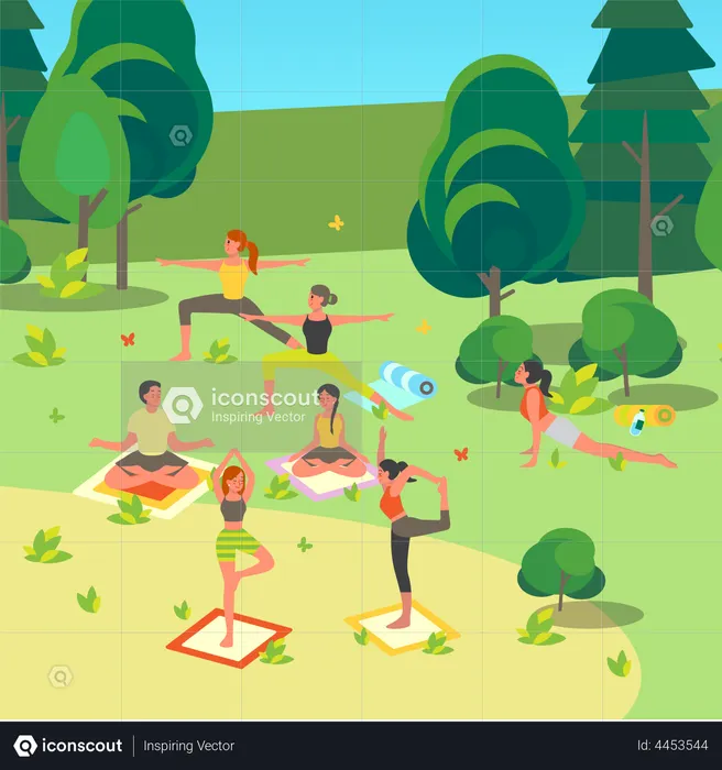 People doing yoga in the park  Illustration