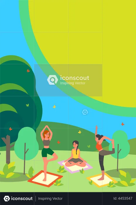 People doing yoga in the park  Illustration