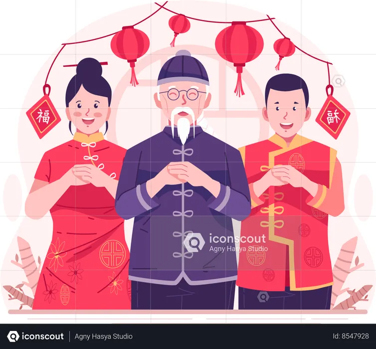 People Dressed in Traditional Chinese Costumes Perform Fist and Palm Salute Gestures to Wish a Happy Chinese New Year  Illustration