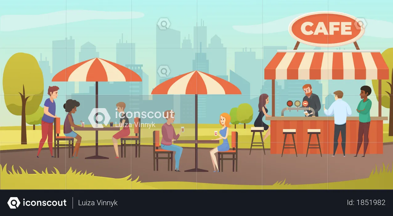 People Drink Coffee in Outdoor Street Cafe on Restaurant Terrace  Illustration
