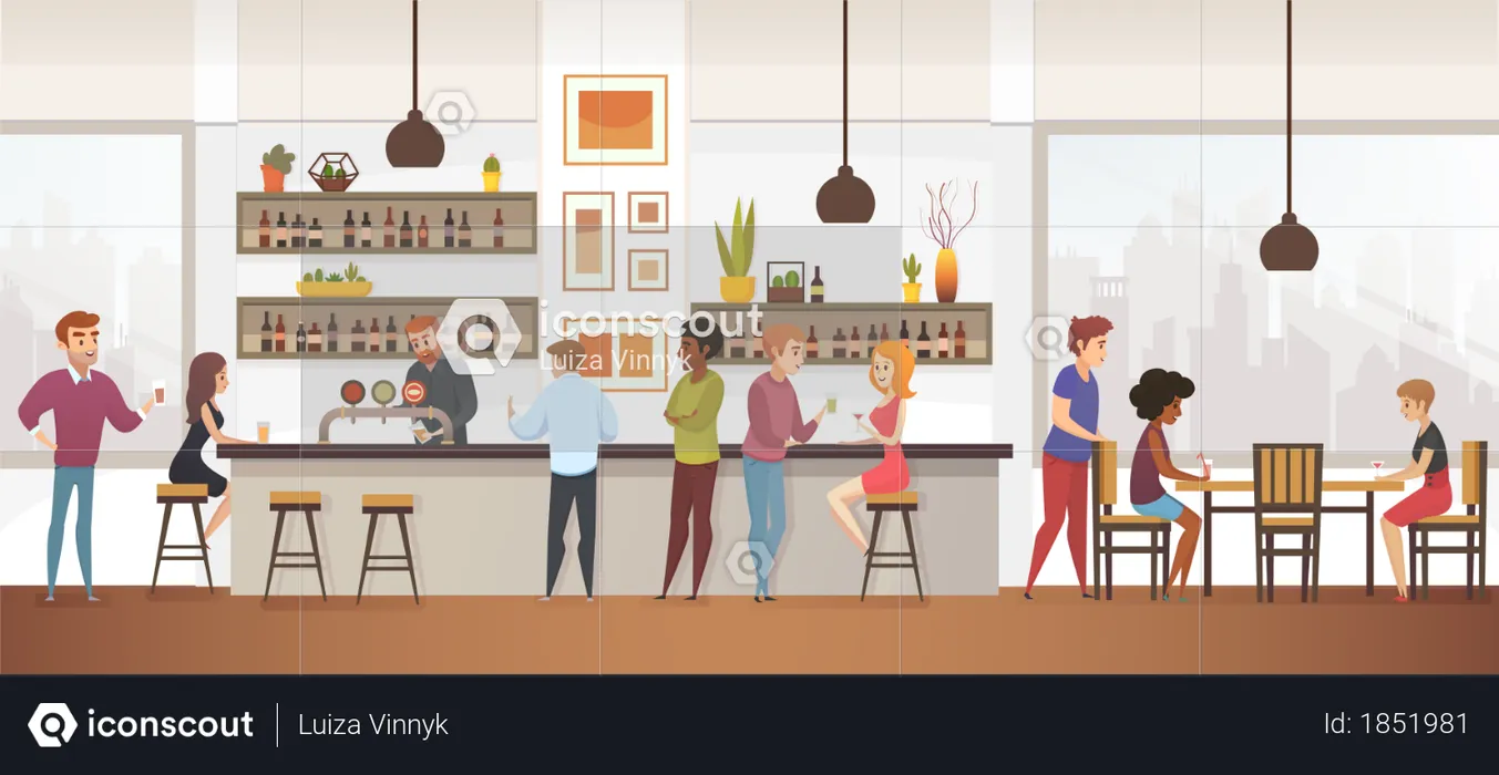People Drink Coffee into Interior Cafe Bar  Illustration