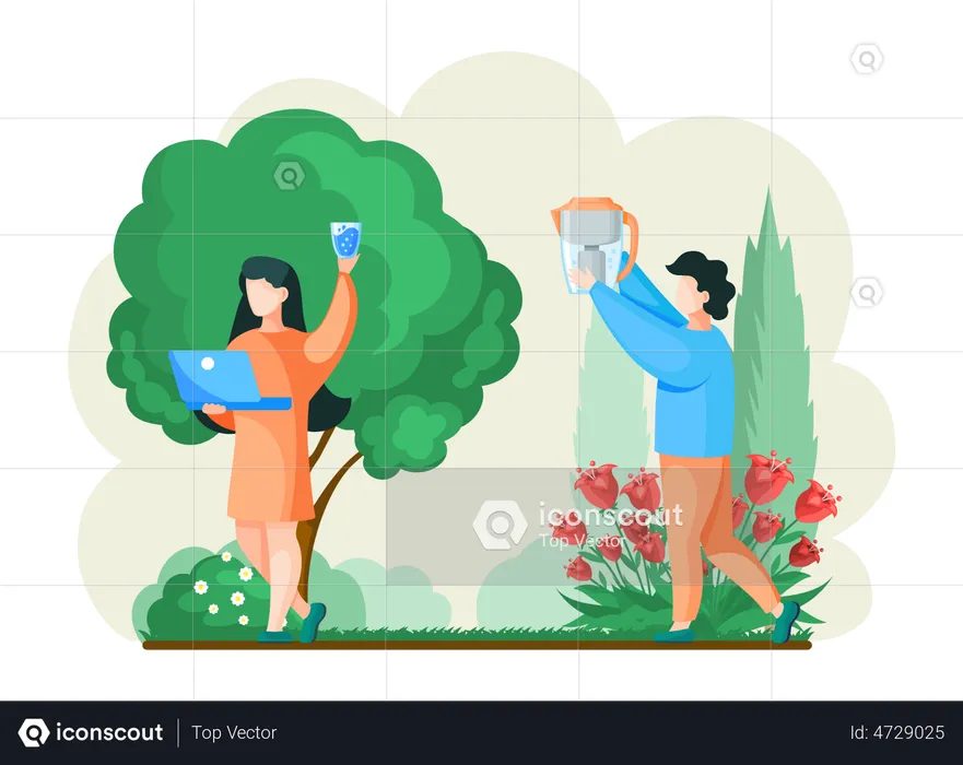 People drink filtered pure water while walk in park  Illustration