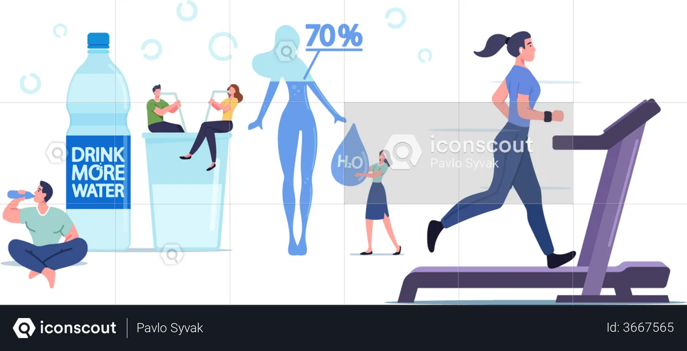 People Drink Water And Woman Exercising on Treadmill  Illustration