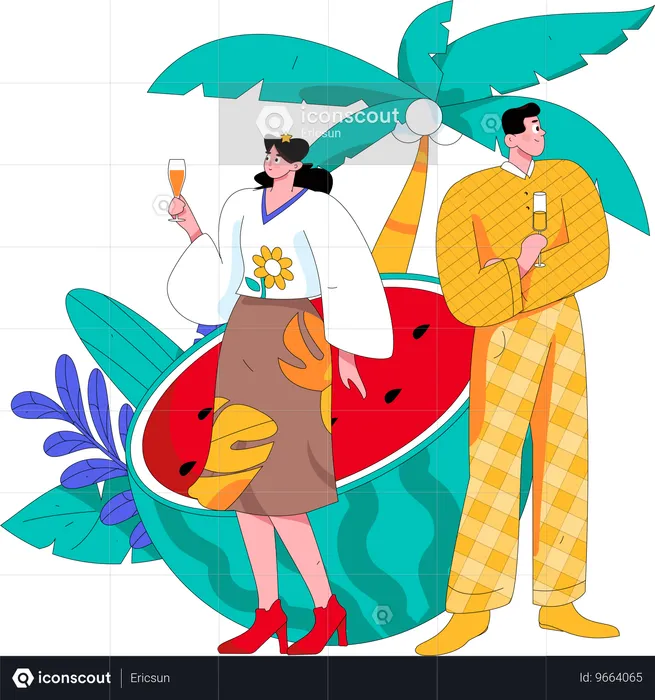 People drinking fruit juice at beach  Illustration