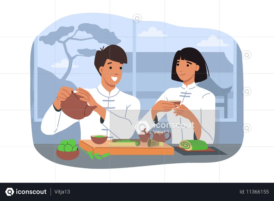 진흙 냄비에 따뜻한 음료를 마시는 사람들  일러스트레이션