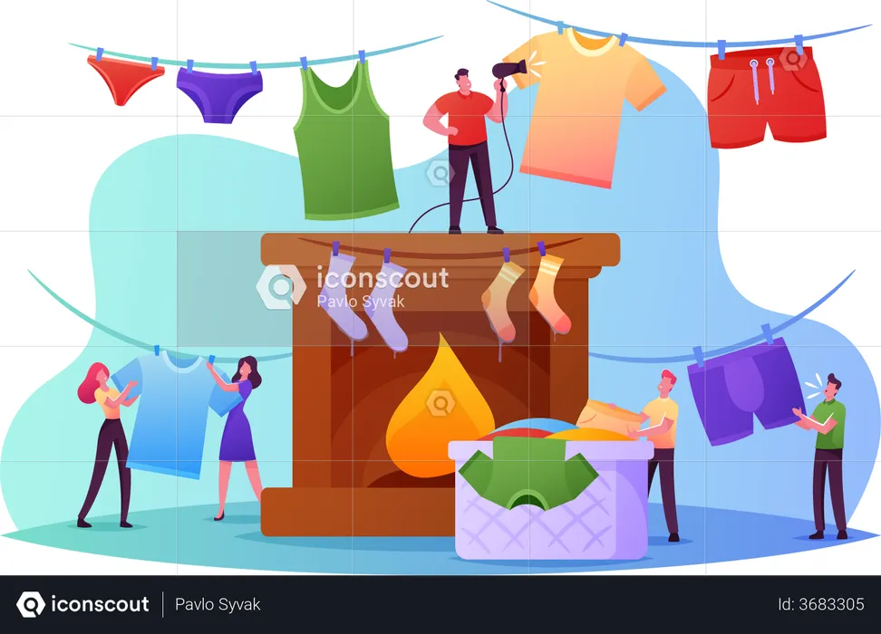 People Drying Wet Clothes  Illustration