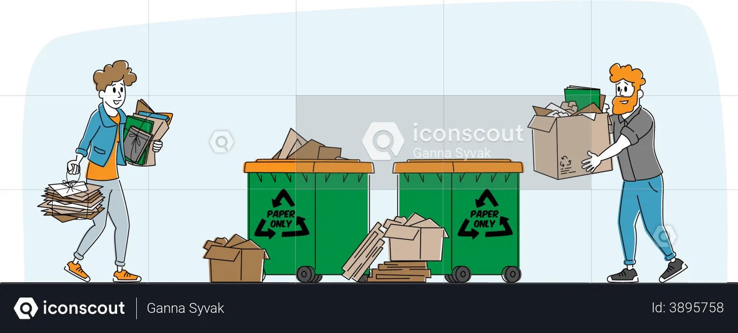People dumping papers into recycle bins  Illustration