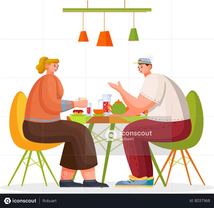 People Eating and Talking in Cafe  Illustration