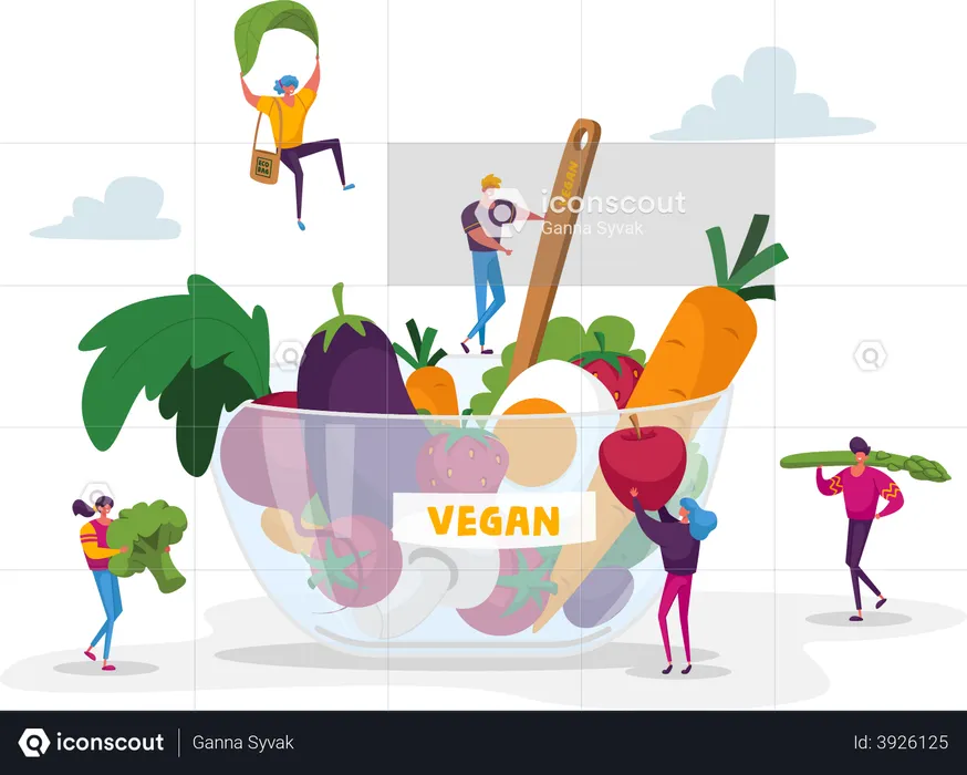 People eating from healthy vegan bowl  Illustration