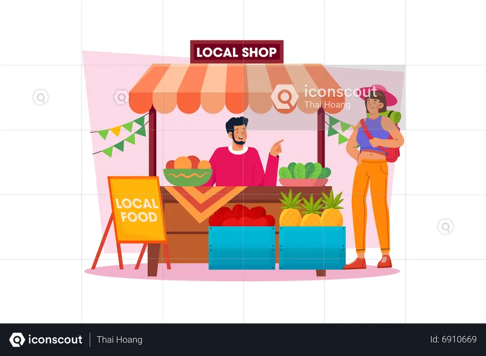 People enjoy local food and discover local culture  Illustration