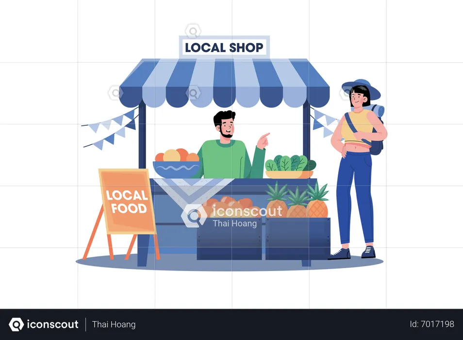 People enjoy local food and discover the local culture  Illustration