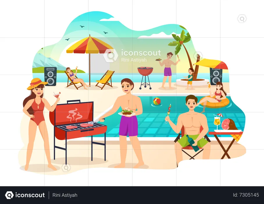 People enjoying Barbecue party on beach  Illustration