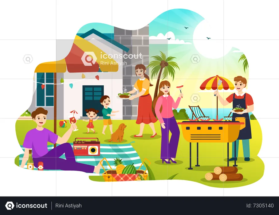 People enjoying BBQ Party in park  Illustration