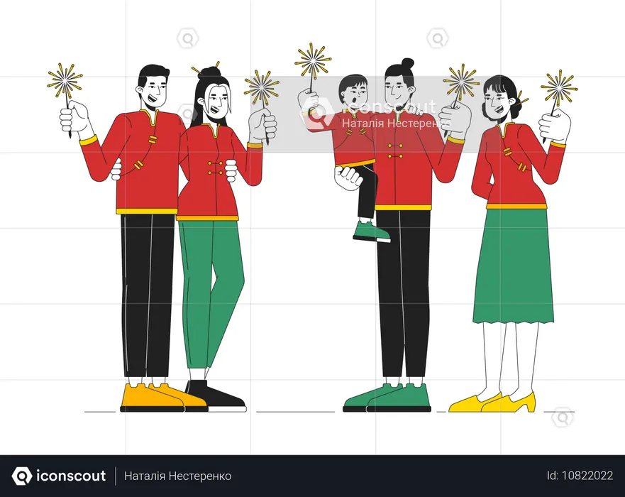 People enjoying Chinese New Year sparklers lighting  Illustration