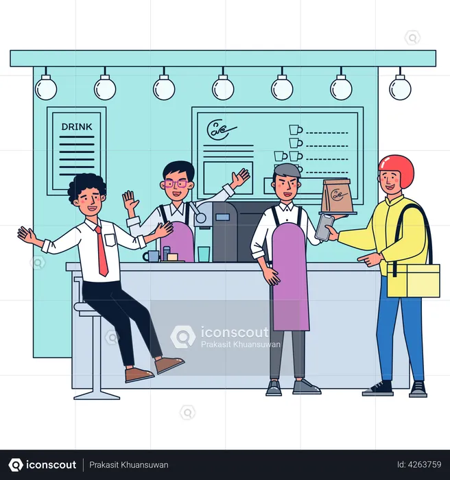 People enjoying coffee in mini cafeteria  Illustration