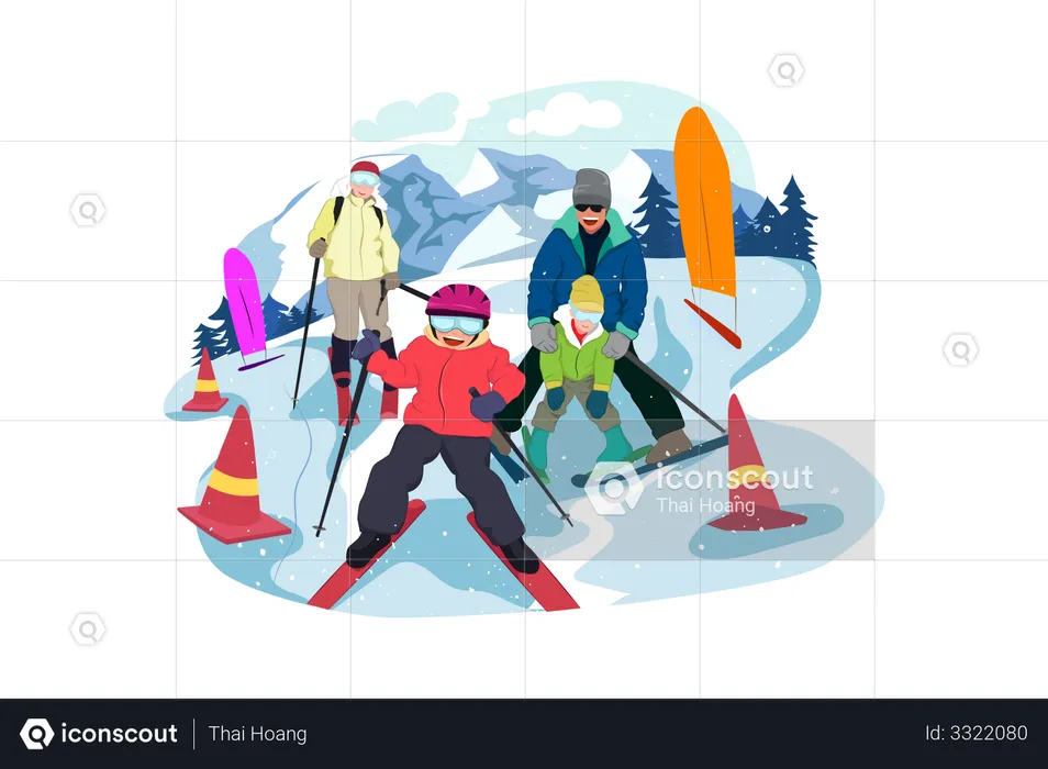 People enjoying Ice Skating on Mountain  Illustration