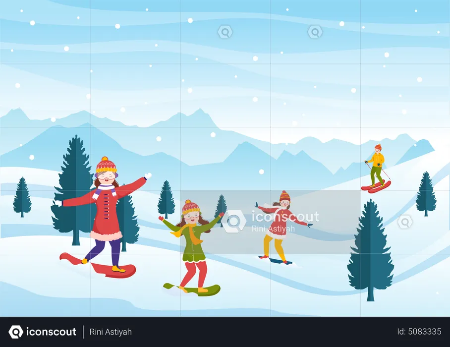 People enjoying ice snowboarding  Illustration