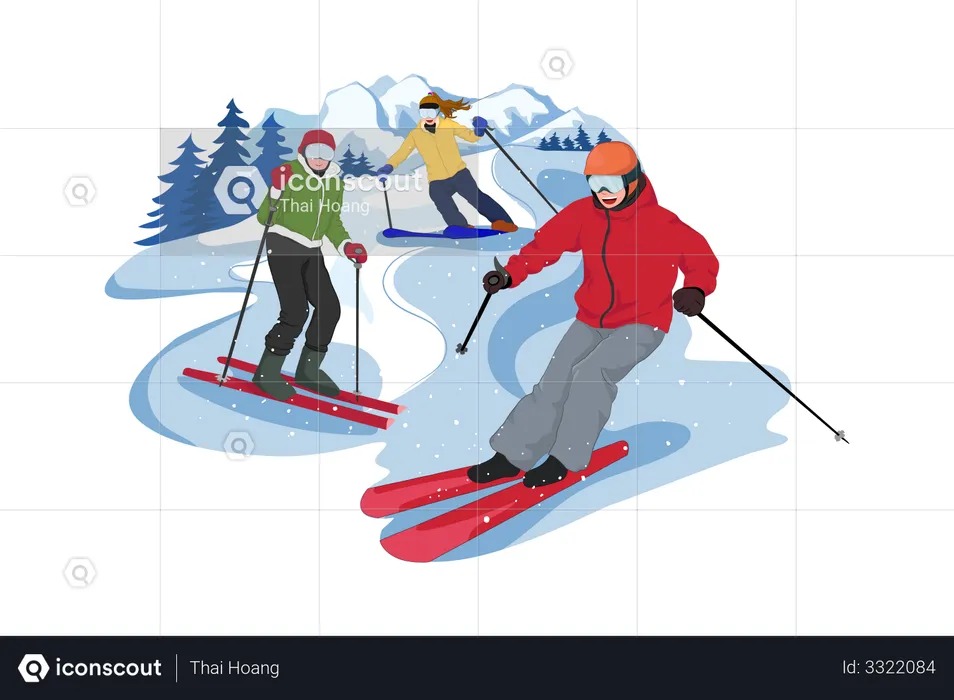 People Enjoying Mountain Skiing  Illustration
