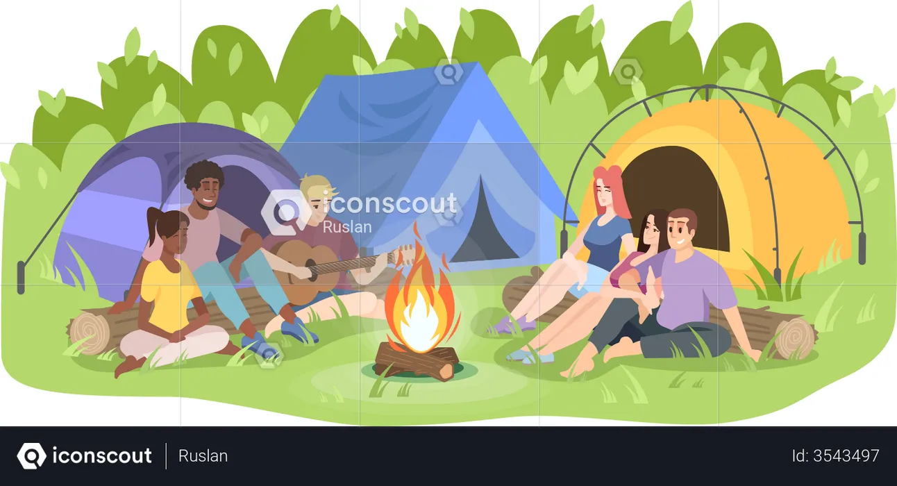 People enjoying music while camping  Illustration