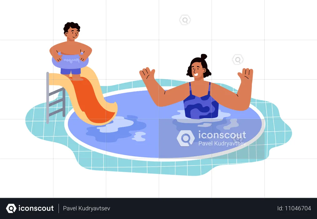 People enjoying pool at aqua park  Illustration