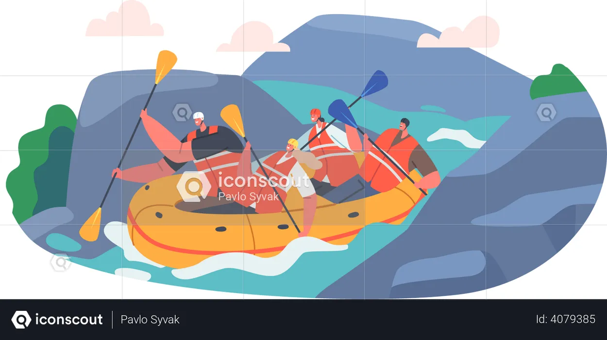 People enjoying Rafting over mountain river  Illustration