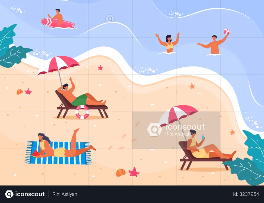 People enjoying summer at beach  Illustration