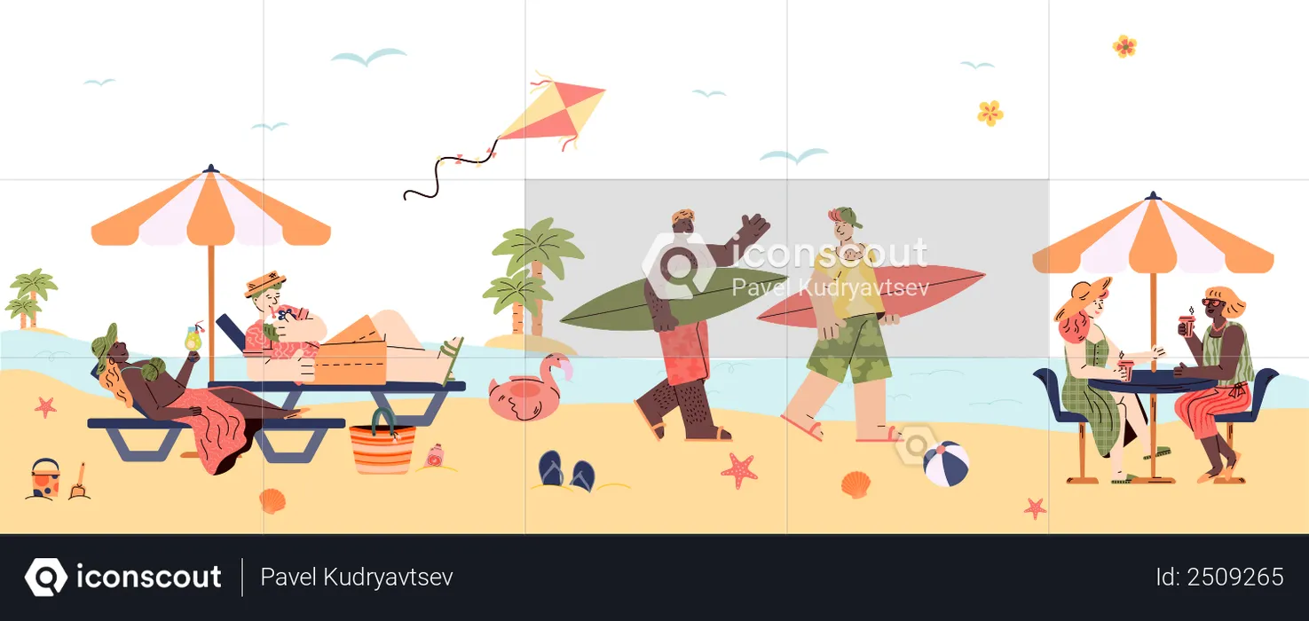 People enjoying summer on beachside  Illustration